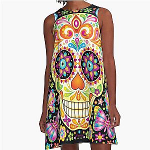 Colorful Sugar Skull Art - Day of the Dead A-Line Dress