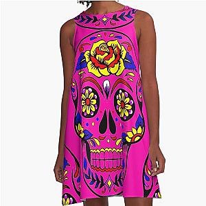 Sugar Skull - Mexican Pink Day of the Dead Calavera A-Line Dress