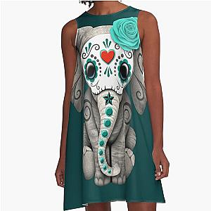 Teal Blue Day of the Dead Sugar Skull Baby Elephant A-Line Dress