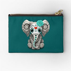 Teal Blue Day of the Dead Sugar Skull Baby Elephant Zipper Pouch