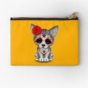 Red Day of the Dead Sugar Skull Wolf Cub Zipper Pouch