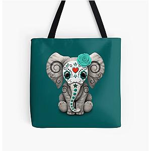 Teal Blue Day of the Dead Sugar Skull Baby Elephant All Over Print Tote Bag