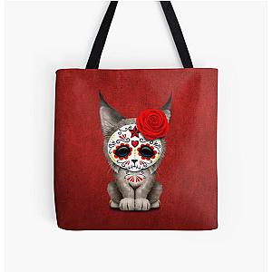 Red Day of the Dead Sugar Skull Lynx Cub All Over Print Tote Bag