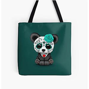 Teal Blue Day of the Dead Sugar Skull Panda All Over Print Tote Bag