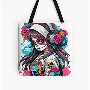 Sugar Skull Girl with Black Hair & Headphones All Over Print Tote Bag