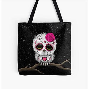 Cute Pink Day of the Dead Sugar Skull Owl All Over Print Tote Bag