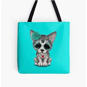 Blue Day of the Dead Sugar Skull Wolf Cub All Over Print Tote Bag