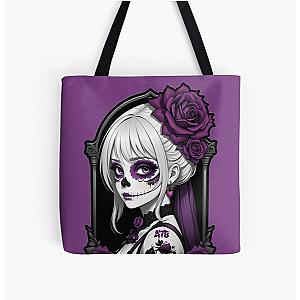 Sugar Skull Girl in Gothic Frame with Purple Flowers All Over Print Tote Bag