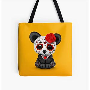 Red Day of the Dead Sugar Skull Panda on Yellow All Over Print Tote Bag