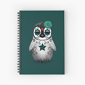 Teal Blue Day of the Dead Sugar Skull Penguin  Spiral Notebook