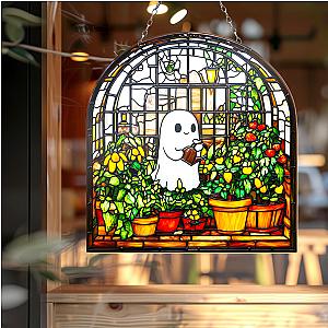 Cute Ghost at Greenhouse Acrylic Suncatcher Boo & Garden Hanging Ornament