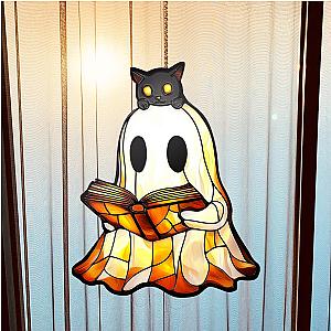 Cute Ghost And Black Cat Reading Acylic Suncatcher Ornament Cat Ghost Reading Book Window