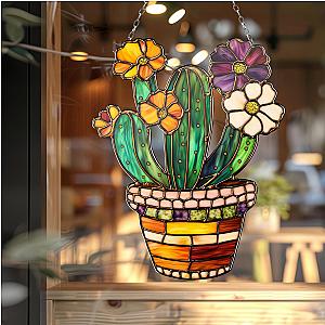 Succulent and Cactus Flower Pot Acrylic Window Hanging, Succulent Home Decor