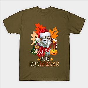 Happy Hallothanksmas llama Halloween Thanksgiving Christmas T-Shirt TP1201