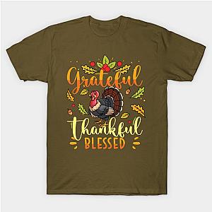 Grateful Thankful &amp; Blessed Turkey Pumpkins Fall Thanksgiving T-Shirt TP1201