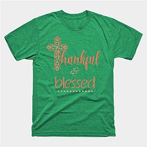 Thankful &amp; Blessed Decorative Cross Christian Women Autumn T-Shirt TP1201