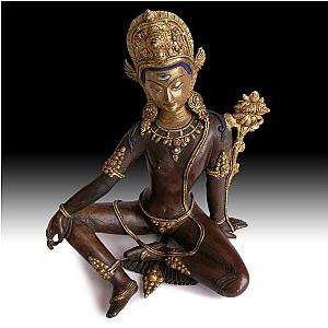 19th Century Jeweled Gilt Bronze Indra Antique Tibetan Nepal Buddha Statue 帝释天 Flagship ET2101