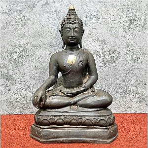 14.6" Uthong Thailand Black Buddha Statue Gold Sheet Gilded Sit On Lotus Base Flagship ET2101