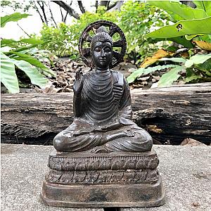 8.9" Antique Bronze Shakyamuni Buddha Statue Gautama Buddhist Wheel On Lotus Flagship ET2101