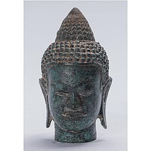 Buddha Statue - Antique Khmer style Freestanding Bronze Buddha Head Statue - 14cm/6" Flagship ET2101