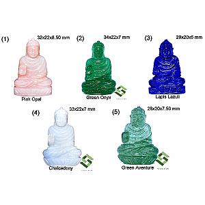 Lord Buddha Statue 5 Carvings Collection With Natural Gemstones In Pink Opal, Green Onyx, Lapis Lazuli, Chalcedony And Green Aventurine Flagship ET2101