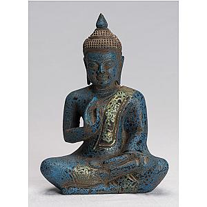 Buddha Statue - Antique Khmer Style SE Asia Seated Wood Teaching Buddha Statue - 20cm/8" Flagship ET2101