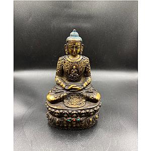 Old Nepali Buddha Statue From Nepal, Bhumisparsha Mudra Made From Bronze, Antique Buddha Statues With Natural Turquoise & Coral Flagship ET2101