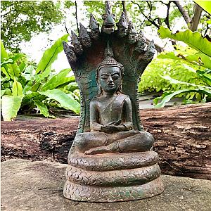 12.6" Laos, Thailand Art Lanna, Chiang mai, Snake Naga Buddha Statue Antique Flagship ET2101