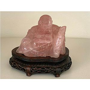 Antique Chinese Hand Carved Pink Quartz Seated Buddha Statue on Wood Stand Flagship ET2101