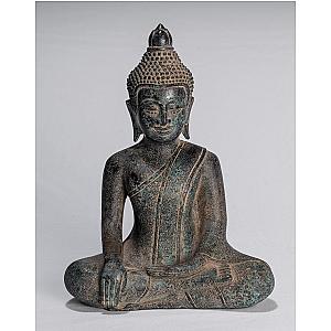 Buddha Statue - Antique Khmer Style Bronze Seated Enlightenment Buddha Statue - 25cm/10" Flagship ET2101