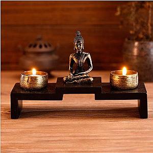 Mini Buddha Statue w/ Wood Base and 2 Tealight Holders Flagship ET2101