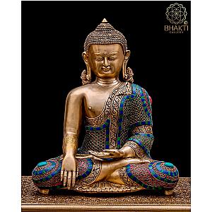 Buddha Statue, 41 cm Big Large Size Earth Touching Brass Buddha Idol with Stonework. Buddhist Temple, Yoga Studio, Meditation Room Decor. Flagship ET2101