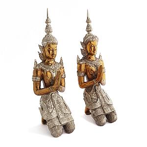 Namaste Praying Statues Bronze Buddha Angels Guardians In Pair God and Goddess Kneeling Teppanom Figurines Handmade in Chiangmai Thailand Flagship ET2101