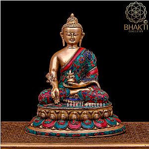 Medicine Buddha Statue in Brass, 35 cm Big Large size Brass Healing Buddha Statue with Stonework, Yoga Studio Decor, Meditation Room Decor. Flagship ET2101