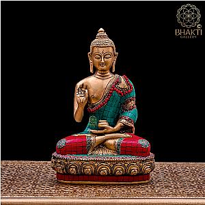 Brass Buddha Statue, 26 cm Big Lord Buddha Idol with Stonework, Outdoor Indoor Buddhist Deity Temple Altar Yoga Studio Meditation Room Decor Flagship ET2101