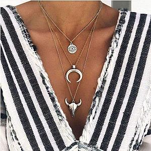 Bohemian Alloy Bull Head Moon Pendant Necklace Official Merch CL1211