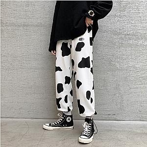 The Cow Print Pants - Casual Wide Leg Black Sweatpants With Drawstring