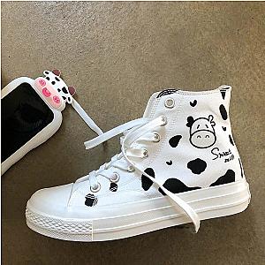 Cow Print Shoes - Cartoon Cow Print Canvas Sneakers White Streetwear Shoes