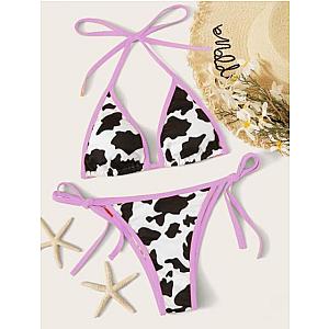 The Cow Print Bikini - Lacing up Bandage Female Swimwear Purple Border