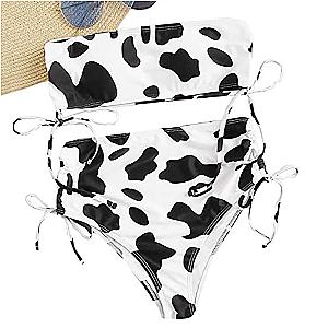 Cow Print Bikini - Two Piece Bandeau Bikini Sexy High Waist