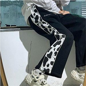 Cow Print Pants &amp; Joggers - Loose Black Japan Cool Autumn Trousers