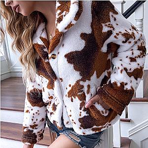 Cow Print Jackets - Women Winter Double-sided Plush Jacket