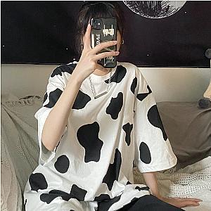 Cow Print T-Shirts - New Ladies Oversized Loose Short Sleeve