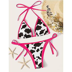 The Cow Print Bikini - Lacing up Bandage Female Swimwear Pink Border