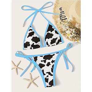 The Cow Print Bikini - Lacing up Bandage Female Swimwear Blue Border