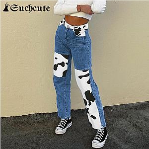 Cow Print Patchwork Women's Jeans Pants