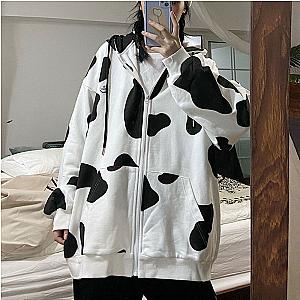 Milk Cow Print Zip Up Hoodie