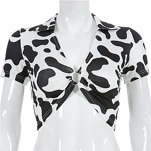 Milk Cow Print Ring Hollow Crop Tops Summer