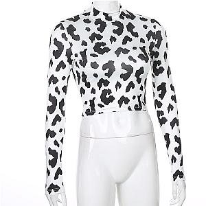 Autumn Cow Print Long Sleeve Crop Top Shirt