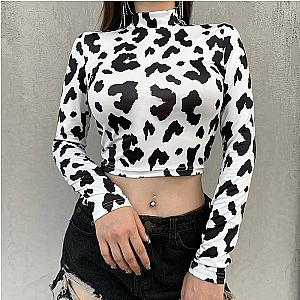 Milk Cow Print Women Skinny Long Sleeve Sexy T-shirt Crop Top